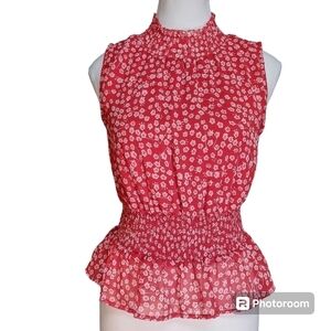 Japna Red High Neck Floral Sleeveless Top Smocked Detail Size S